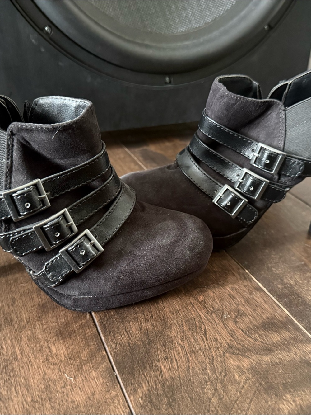 Fergalicious Black Suede Ankle Boots with Triple Buckle Straps